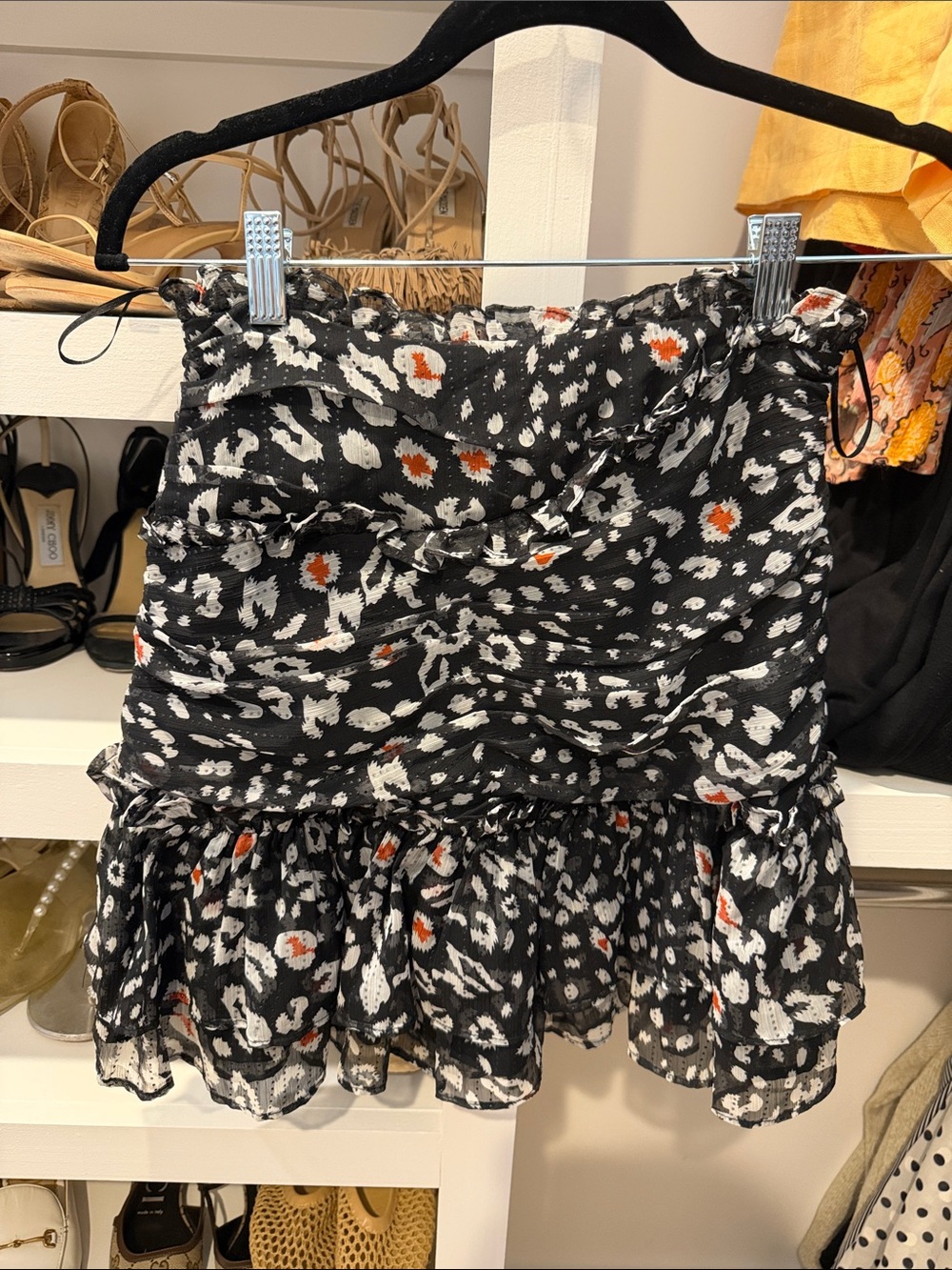 Revolve Black Floral Ruffle Mini Skirt with Orange Accents